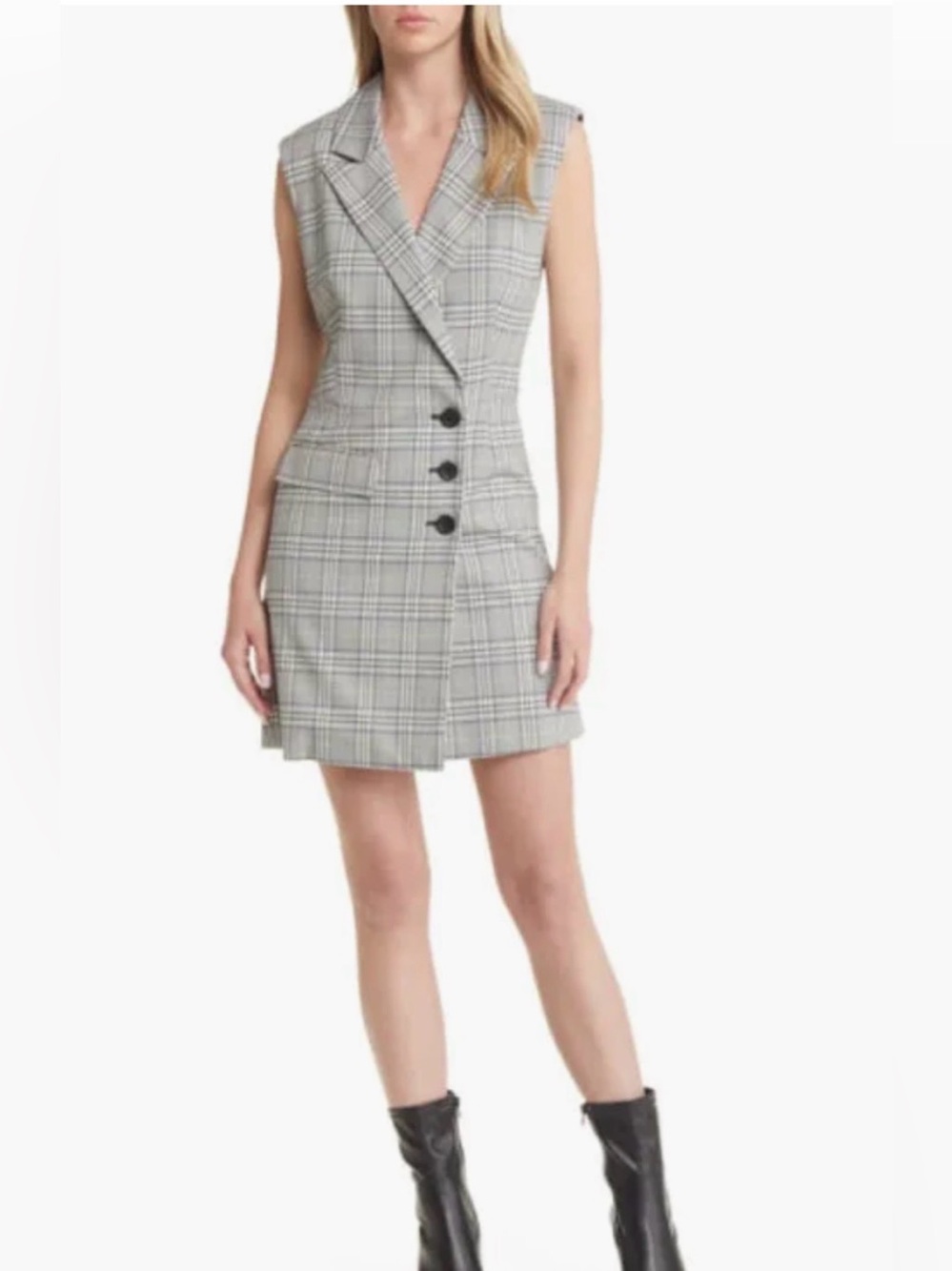 Open Edit Grey Plaid Sleeveless Blazer Mini Dress XS